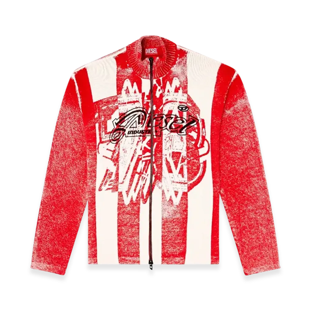 Diesel K-Oliba-Jkt Inside-Print Striped Zipped Cardigan "Red White"