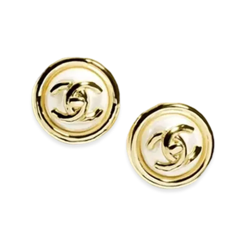 CHANEL Stud Earrings Metal & Resin "Gold/Pearly White"