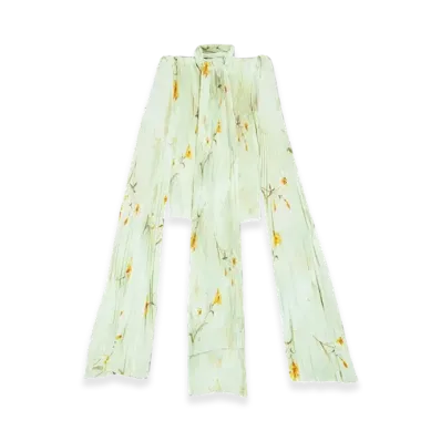 BALENCIAGA Women's Lilies Scarf Pleated Blouse "Green"