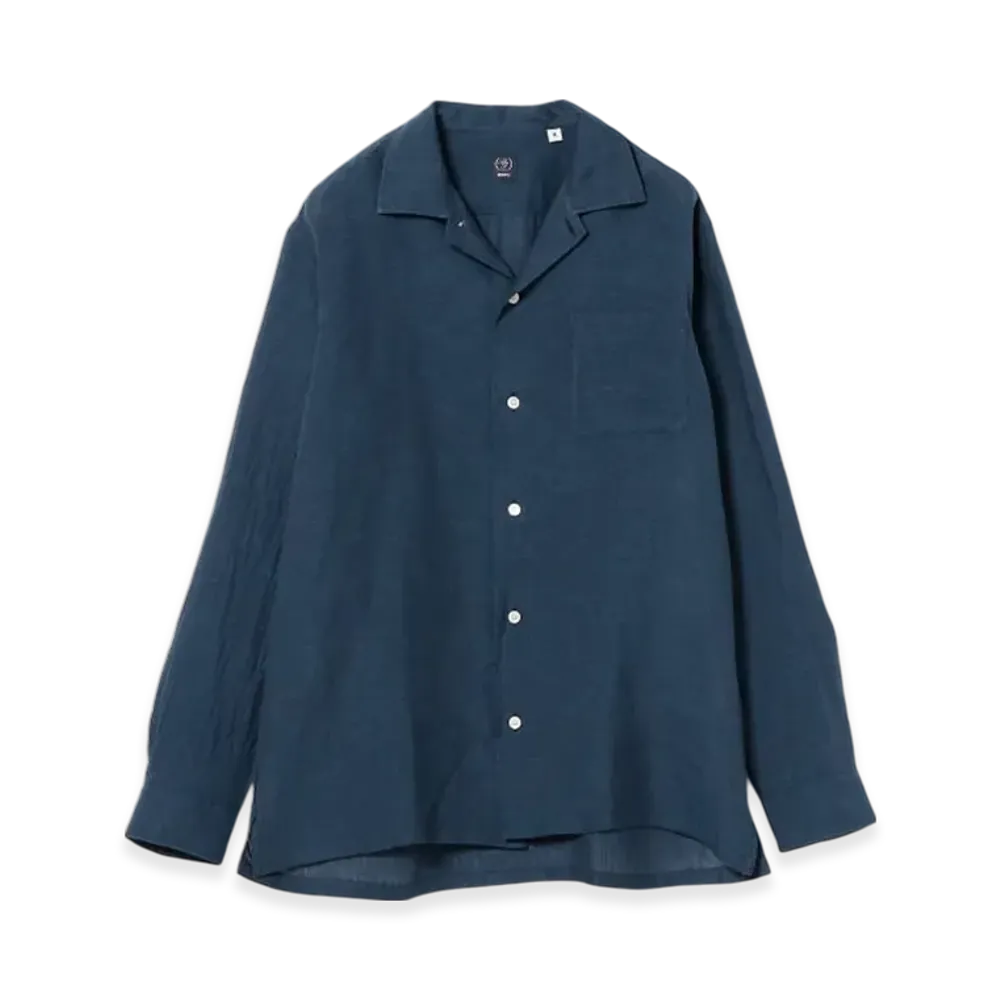 BEAMS Solid Linen Open Collar Shirt "Navy"