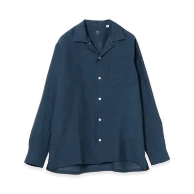 BEAMS Solid Linen Open Collar Shirt "Navy"