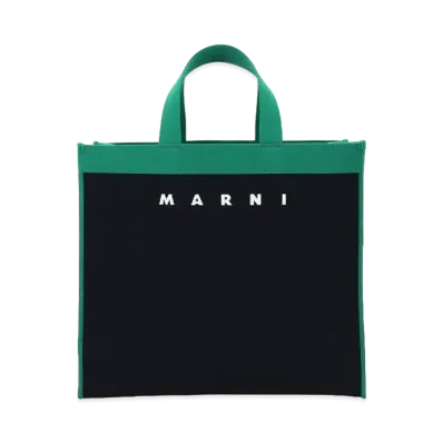 Marni Blueblack Green And White Jacquard Shopping Bag "Black/Garden Green/Silk White"