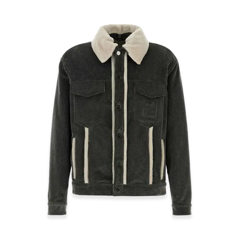 FENDI Faded Stonewash Treatment Corduroy Blouson With Sheepskin Trim Removable Collar "Black"