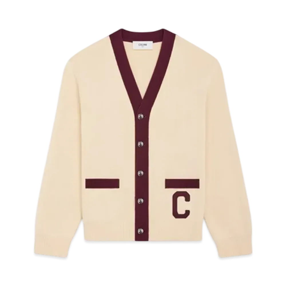 CELINE Men's College Cardigan in Cotton "Ecru/Burgundy"