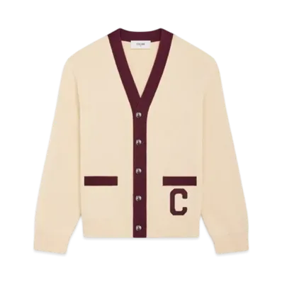 CELINE Men's College Cardigan in Cotton "Ecru/Burgundy"