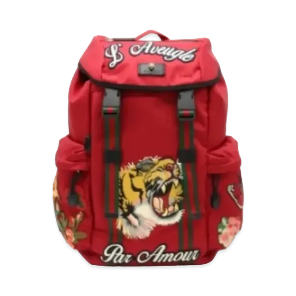 GUCCI Embroidery Backpack Leather Techno Canvas "Red"