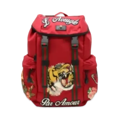 GUCCI Embroidery Backpack Leather Techno Canvas "Red"