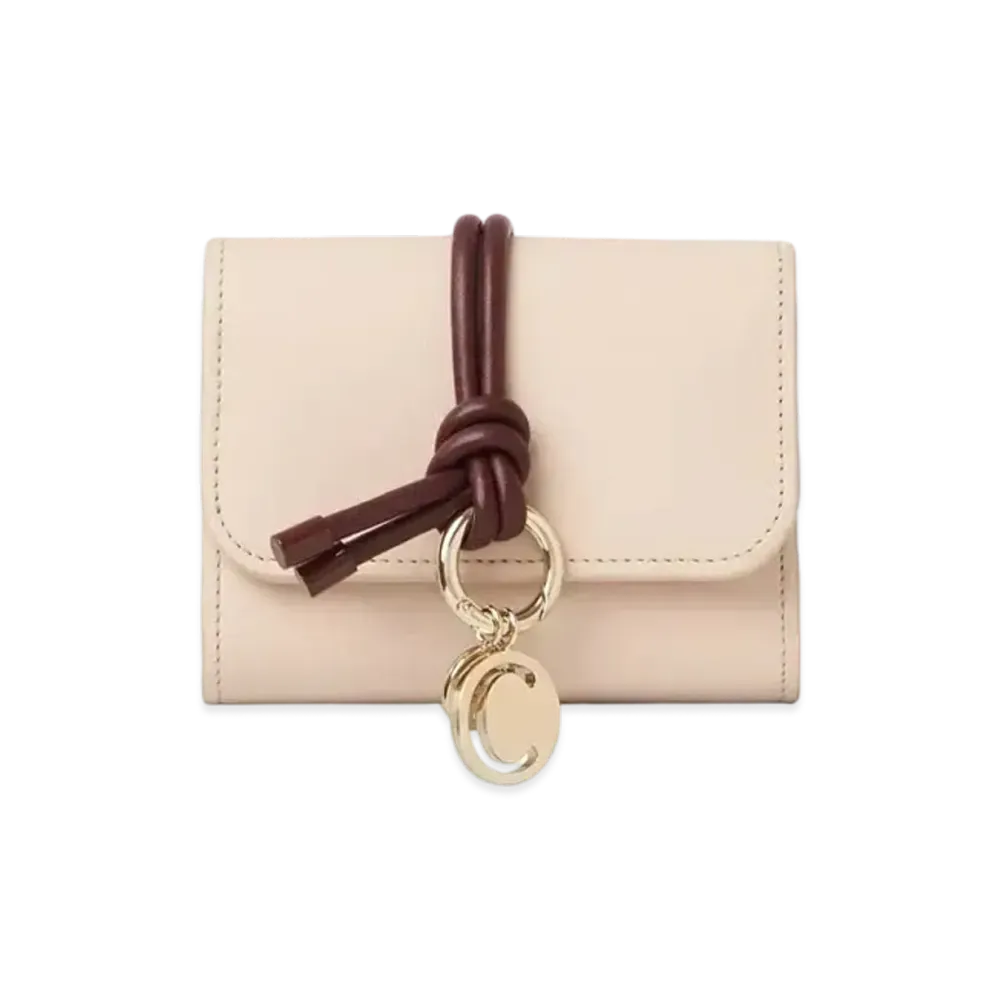 Chloe Alphabet Small Tri Fold Wallet In Shiny Calfskin With A Tubular Leather Link "Cement Pink"