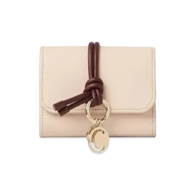 Chloe Alphabet Small Tri Fold Wallet In Shiny Calfskin With A Tubular Leather Link "Cement Pink"