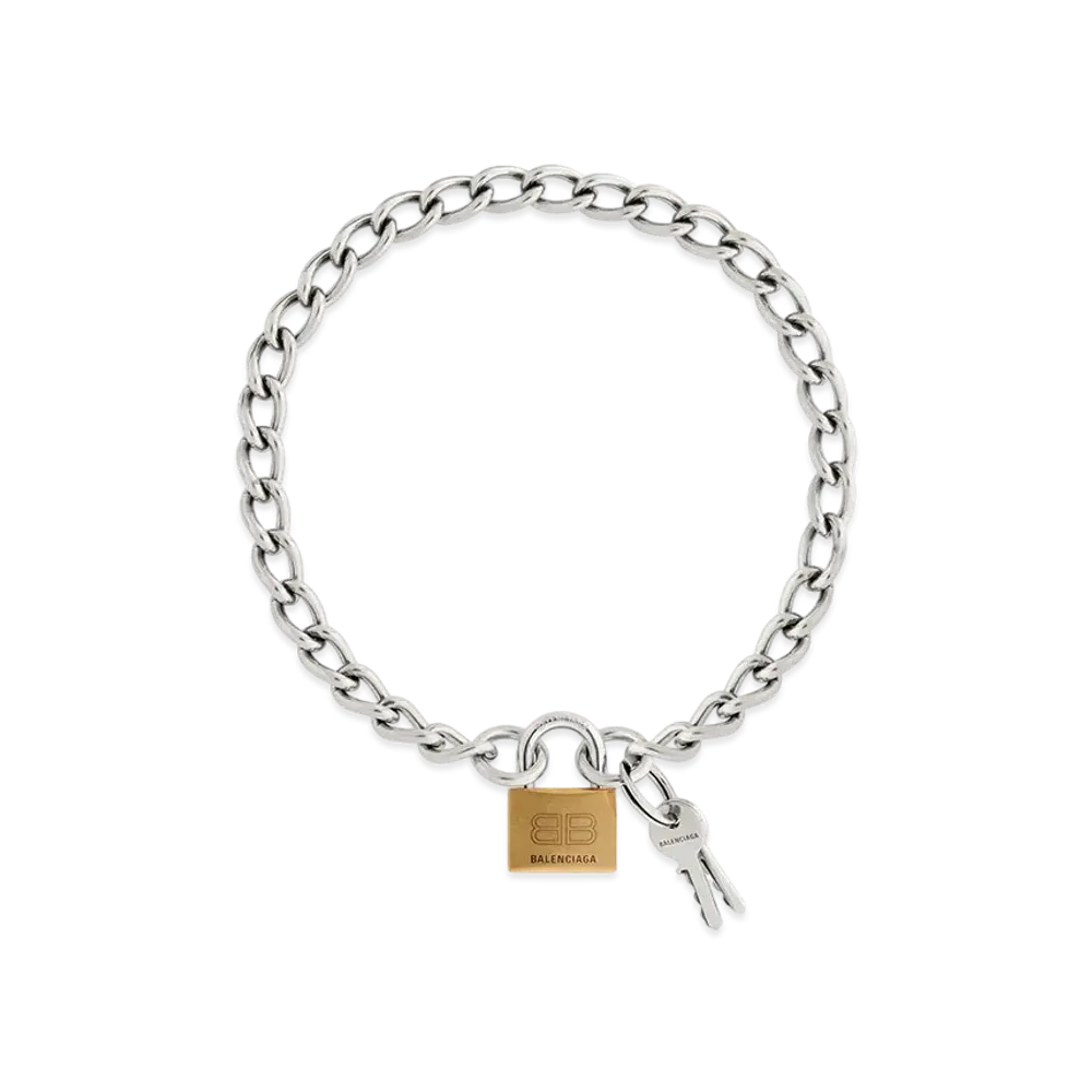 BALENCIAGA Locker Necklace in Mix Antique Brass Steel "Silver/Gold/Shiny Silver"