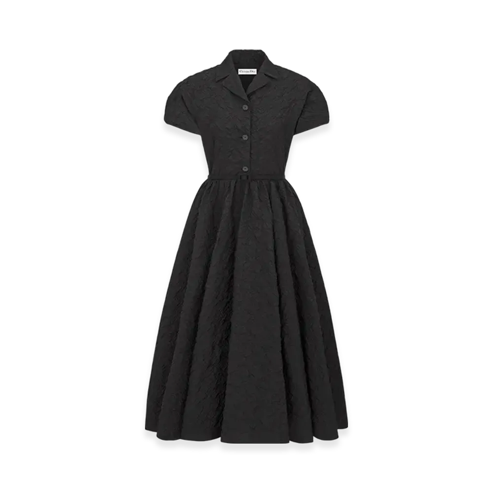 Dior Women's Flared Mid-Length Dress with Puff Sleeves Cloque Technical Jacquard "Black"