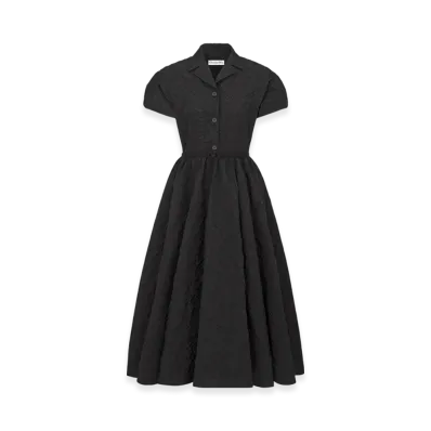 Dior Women's Flared Mid-Length Dress with Puff Sleeves Cloque Technical Jacquard "Black"