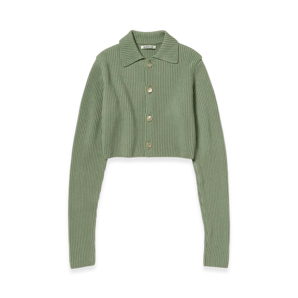 AURALEE Super Fine Wool Soft Rib Knit Cropped Shirt Cardigan "Dusty Green"