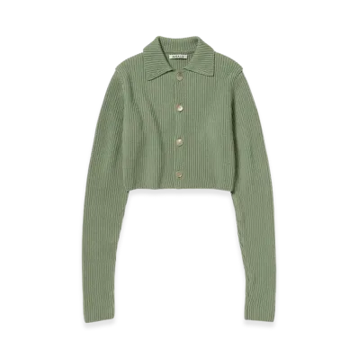 AURALEE Super Fine Wool Soft Rib Knit Cropped Shirt Cardigan "Dusty Green"