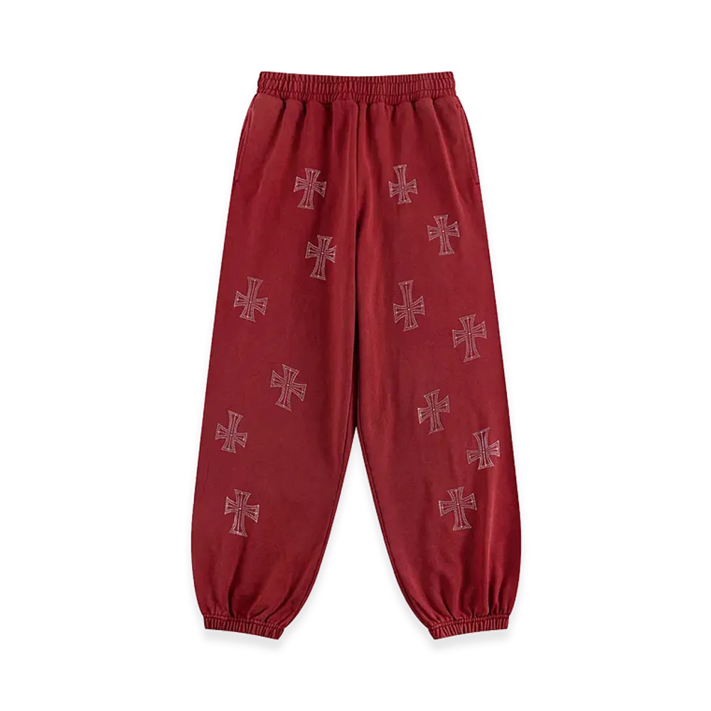 Unknown London Outline Cross Rhinestone Sweat Pants "Red"