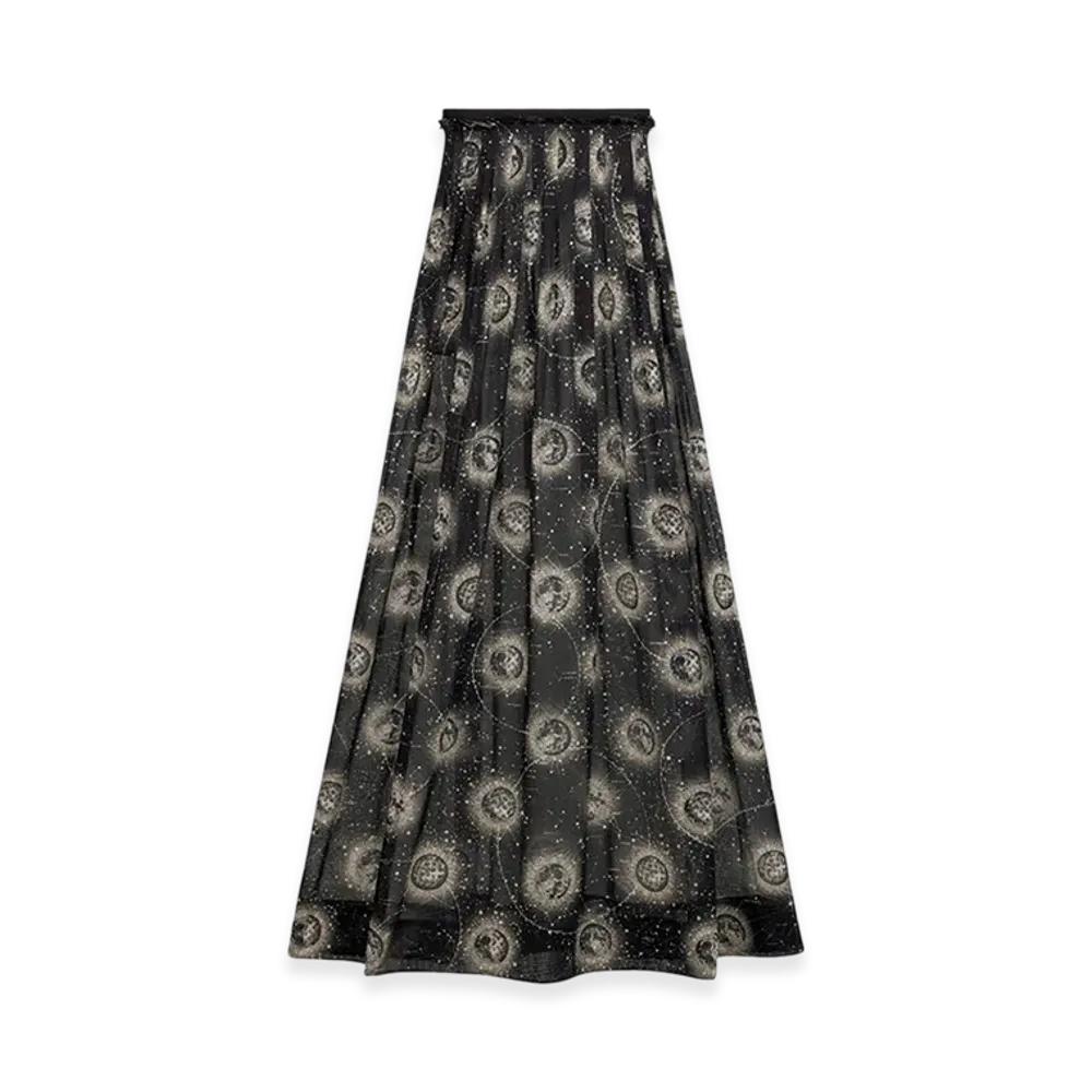 Dior Women's Long Flared Skirt Voile Phases Lunaires Motif "Black/Ivory"