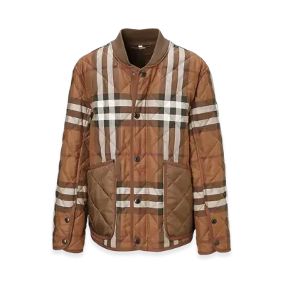 Burberry Check Diamond Quilted Cotton Bomber Jacket "Dark Birch Brown"