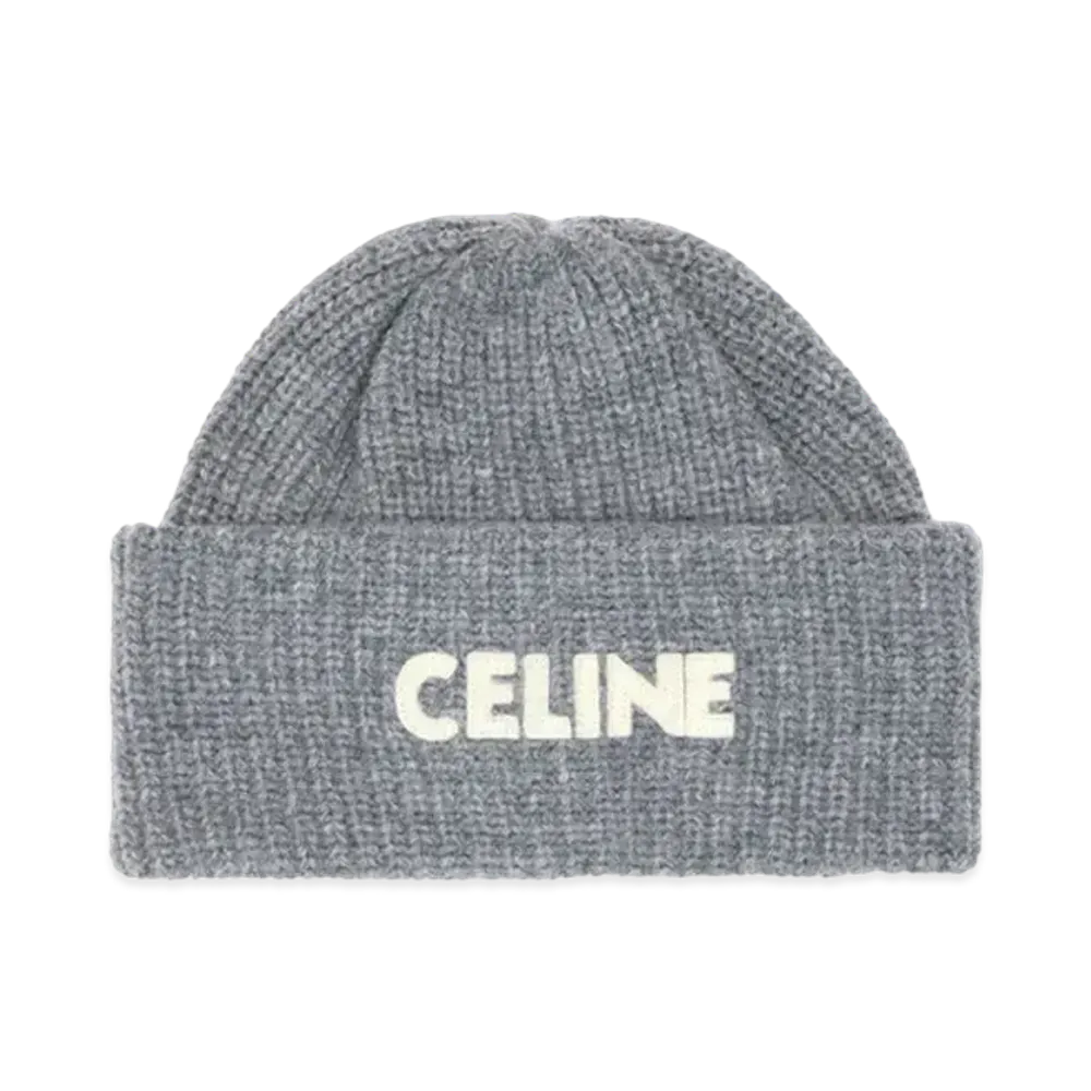 CELINE Embroidered Beanie In Ribbed Wool "Medium Grey"