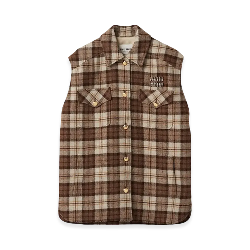 MIU MIU Women's Check Blouson Vest "Cocoa Brown"