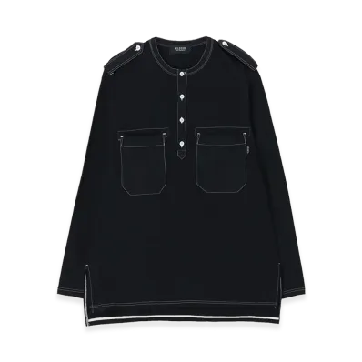 WILDSIDE YOHJI YAMAMOTO Cotton Jersey Shoulder Strap Henley Neck Long Sleeve T-shirt (Garment Dye) "Black"