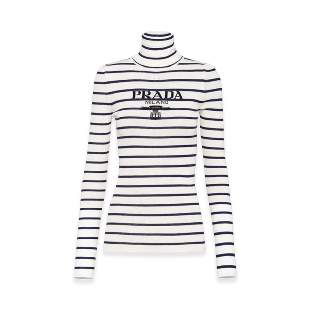 PRADA Women's Superfine Wool Turtleneck Sweater "Ivory/Navy Blue"