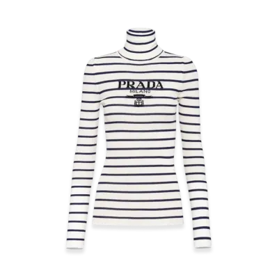 PRADA Women's Superfine Wool Turtleneck Sweater "Ivory/Navy Blue"