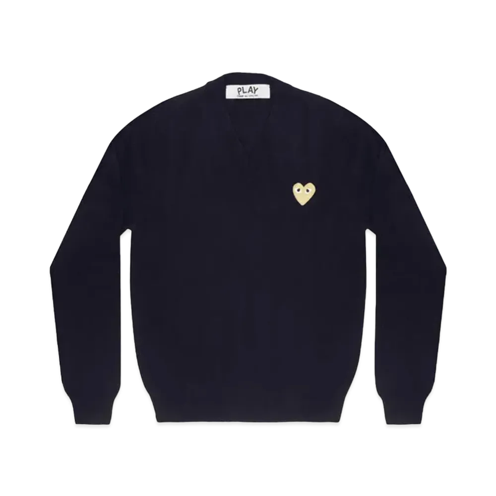 PLAY COMME des GARCONS Gold Heart V Neck Sweater Mens "Navy"