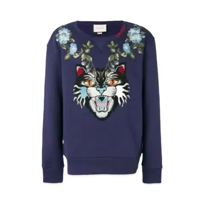 GUCCI Men's Cat Pattern Embroidered Round Neck Pullover Long Sleeves "Blue"