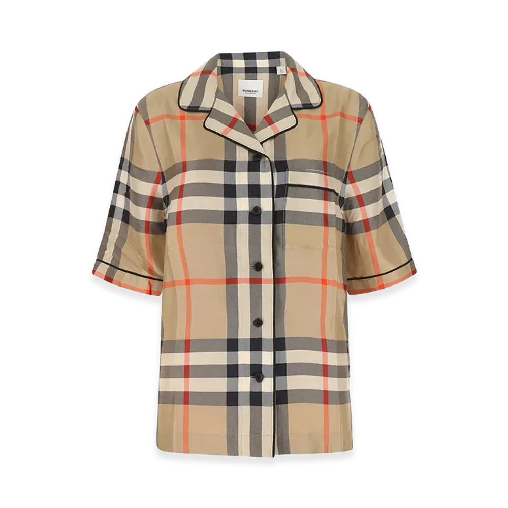 Burberry Women's Printed Satin Short Sleeve Shirt "Beige"