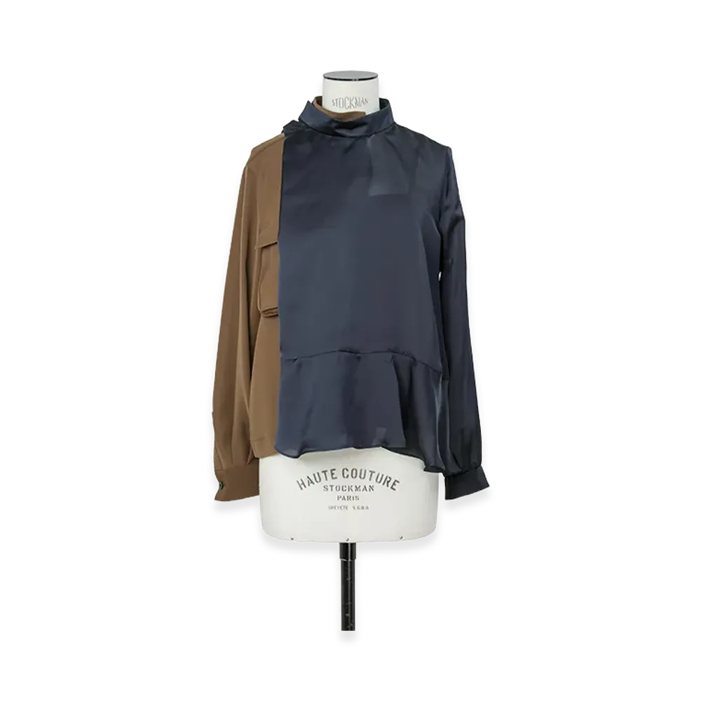 sacai Women's Crepe Back Satin x Satin Blouse "Navy/Brown"