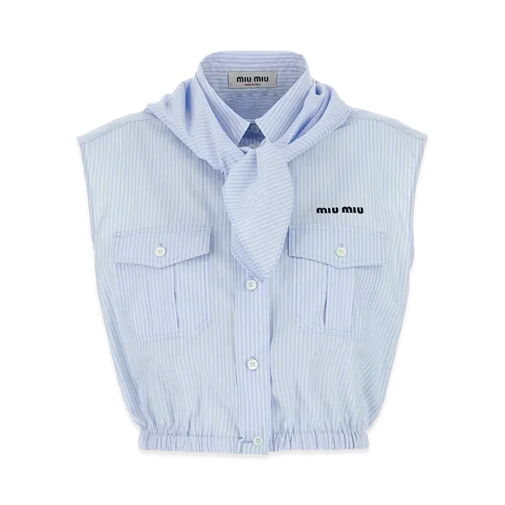 MIU MIU Women's Embroidered Poplin Sleeveless Shirt "Light Blue"
