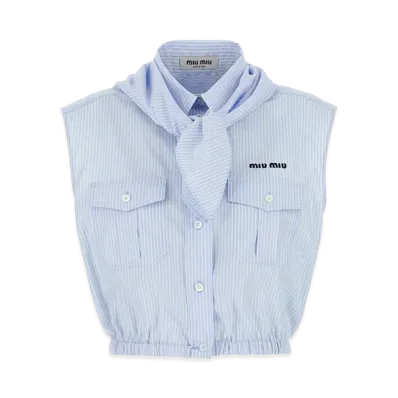 MIU MIU Women's Embroidered Poplin Sleeveless Shirt "Light Blue"