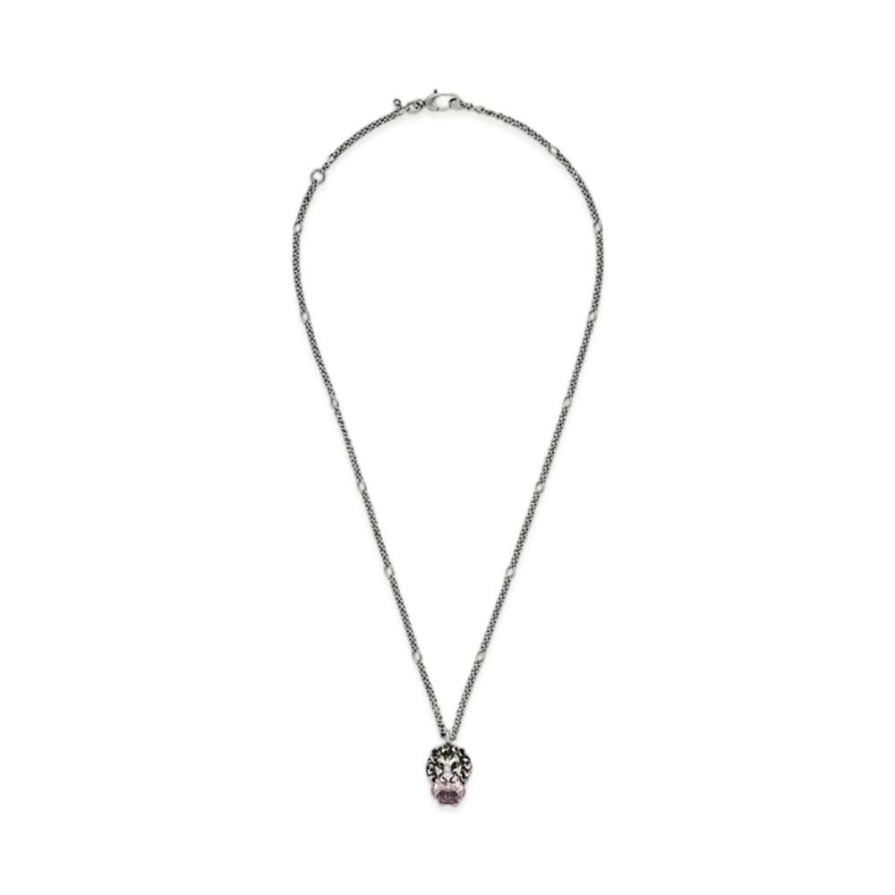 GUCCI Rhinestone Lion Head Necklace "Silver"
