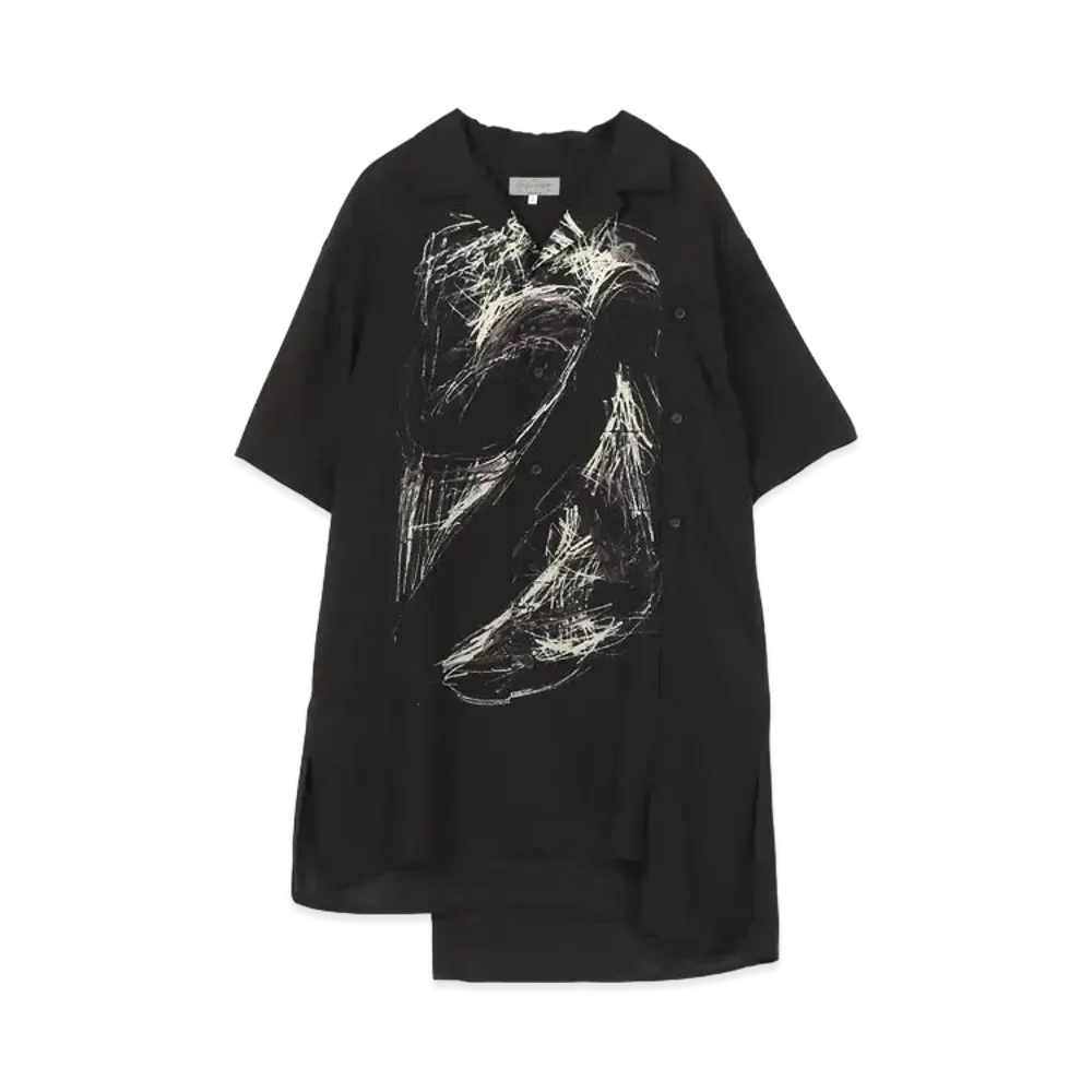 Yohji Yamamoto Pour Homme YUUKA ASAKURA SILK SATIN PRINT RIGHT BUTTON SWITCHING HALF SLEEVES ALOHA SHIRT "Black"