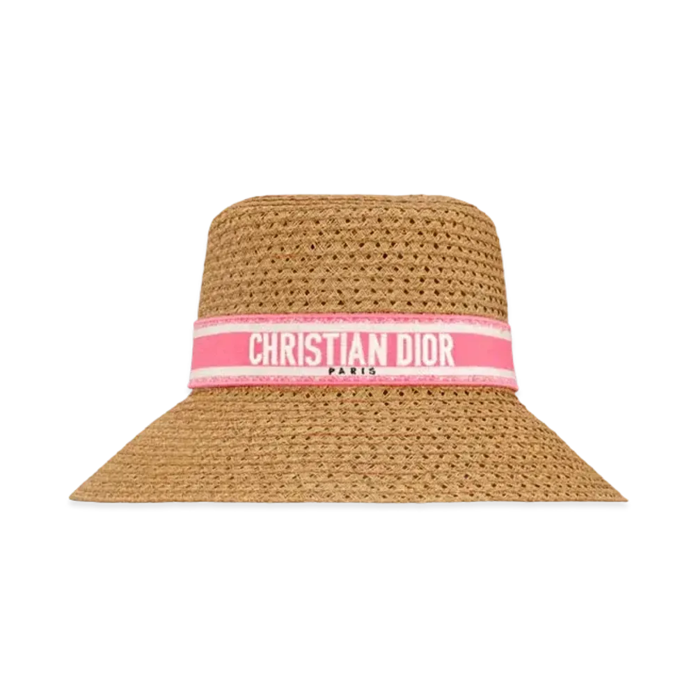 Dior Dioriviera D-Bobby Large Brim Hat Straw with Embroidered Band "Candy Pink/White"