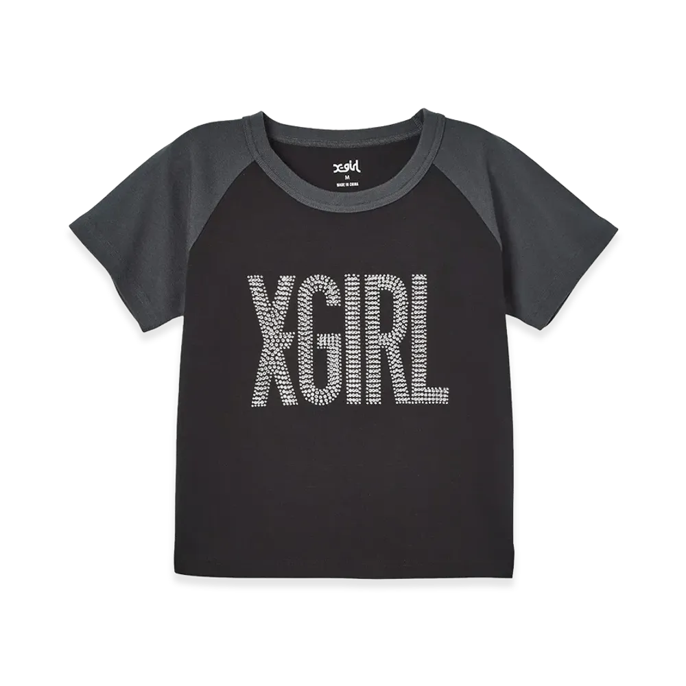 X-Girl Rhinestone Vertical Logo Raglan S/S Baby Tee "Black"