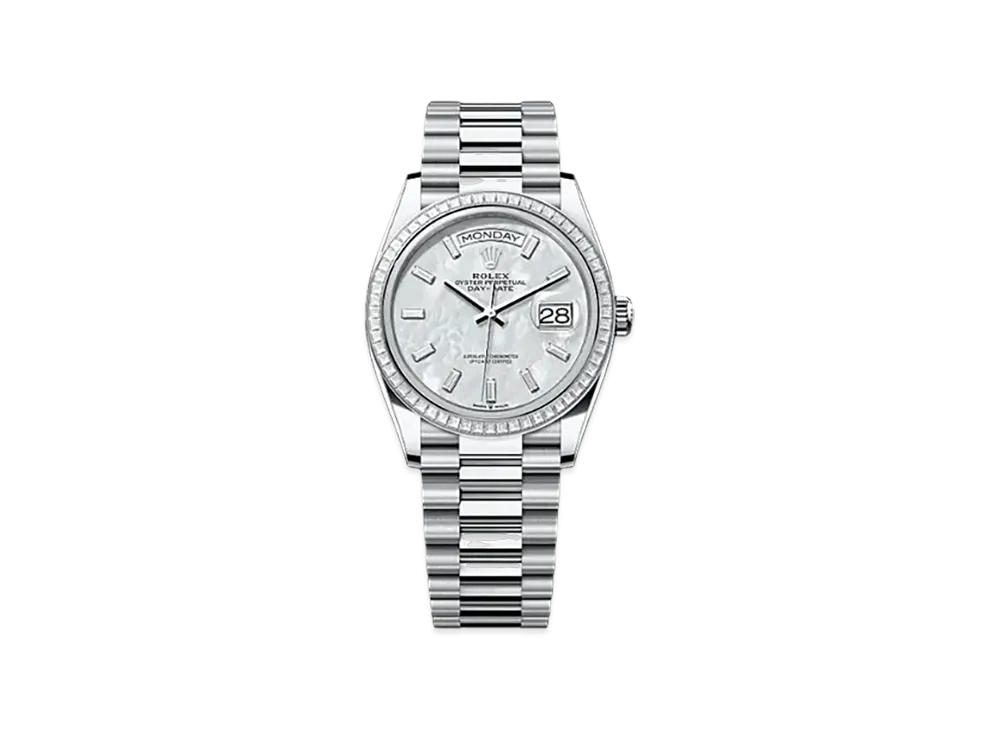 ROLEX Day-Date 36mm Platinum Diamond 128396TBR "White Mother-of-Pearl"