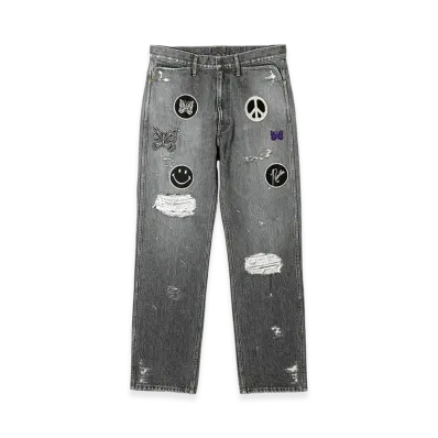 NEEDLES Assorted Patches Boot-Cut Jean - 13OZ Denim / Distressed "Black"