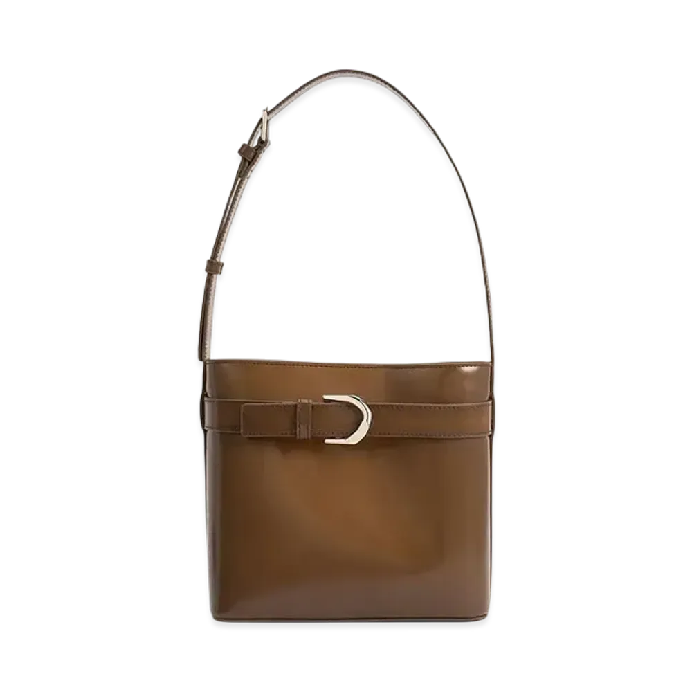 CHARLES & KEITH Gavine Leather Belt Bucket Bag "Brown"
