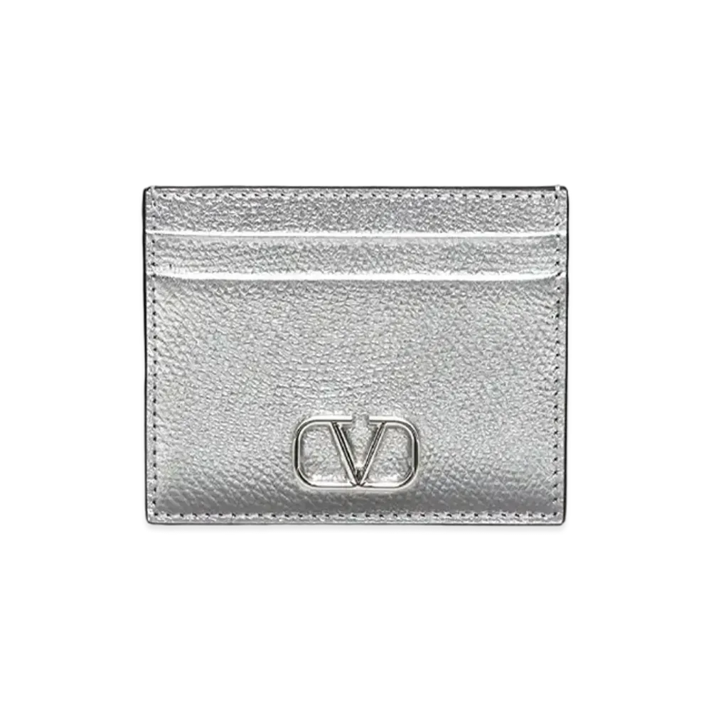 Valentino V Logo Signature Metallic Grain Calfskin Card Case "Silver"