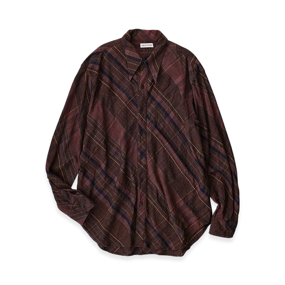 NICENESS Hellions Long Point Collar Shirt - Khadi Check "Brown"