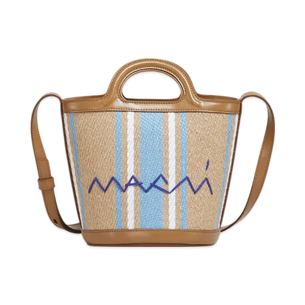 MARNI Tropicalia Small Bucket Bag in Leather & Striped Fabric "Cigar/Opal/Lily White"
