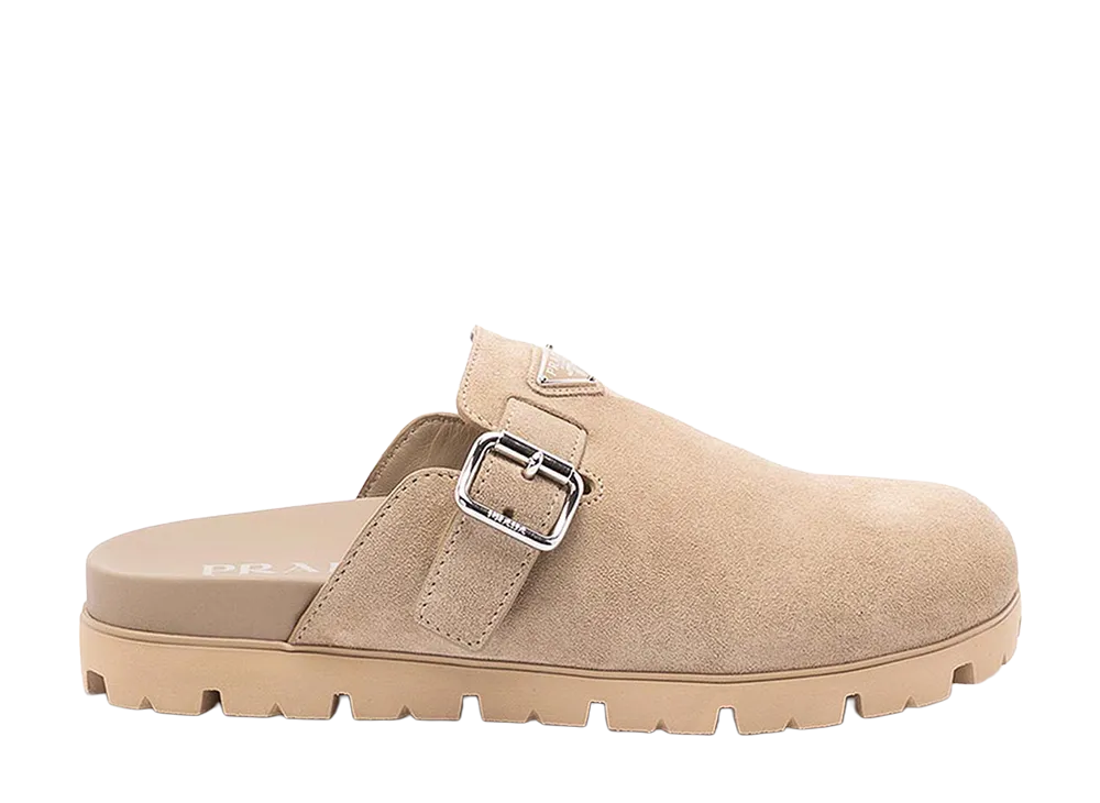 PRADA Triangle Logo Sabots "Beige"