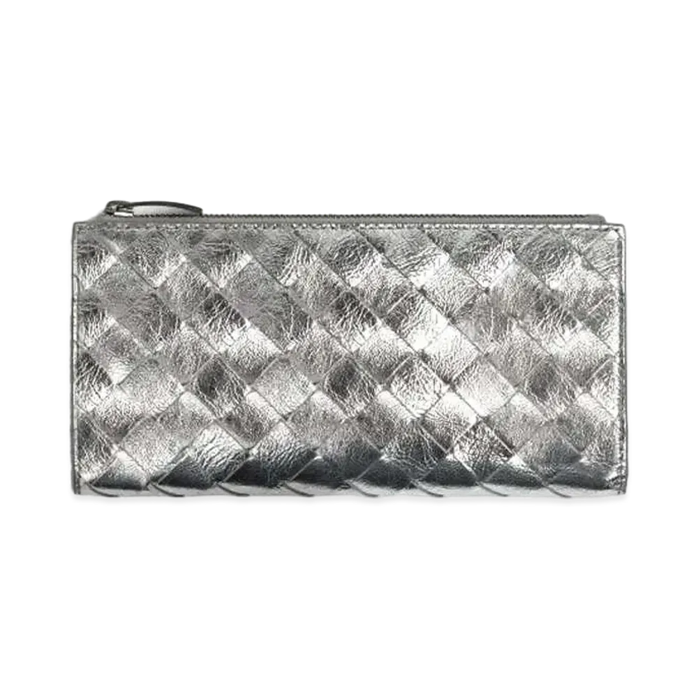 Bottega Veneta Intrecciato Lambskin Bi-fold LongWallet "Silver"