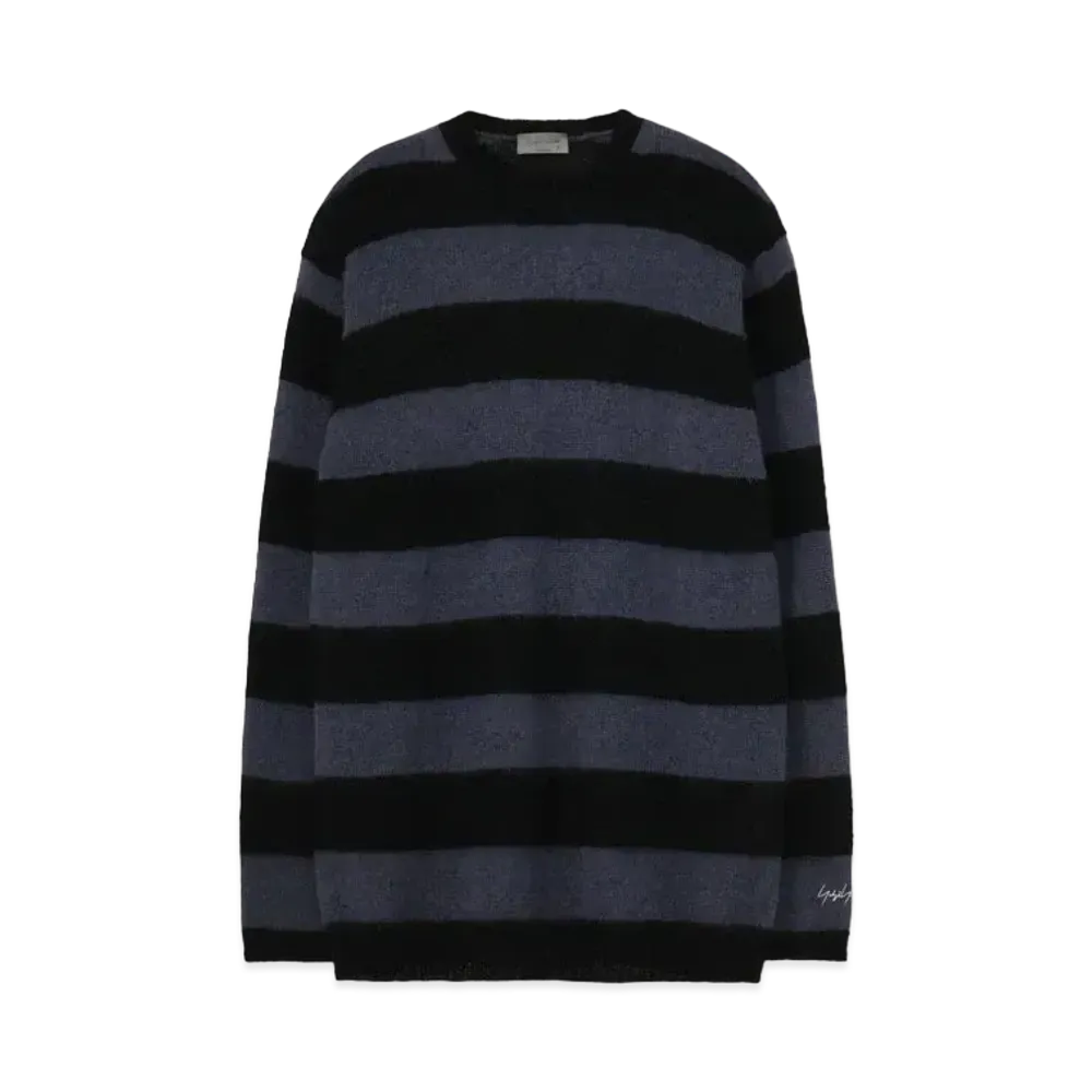 Yohji Yamamoto Pour Homme 5G PLAIN STITCH BRUSHED BORDER KNIT PULLOVER "Blue/Black"