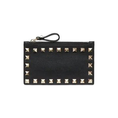 Valentino Rockstud Calfskin Cardholder With Zipper "Black"