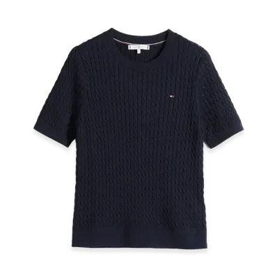 TOMMY HILFIGER Women's Cotton Cable Fine Gauge Crewneck S/S Sweater "Navy"