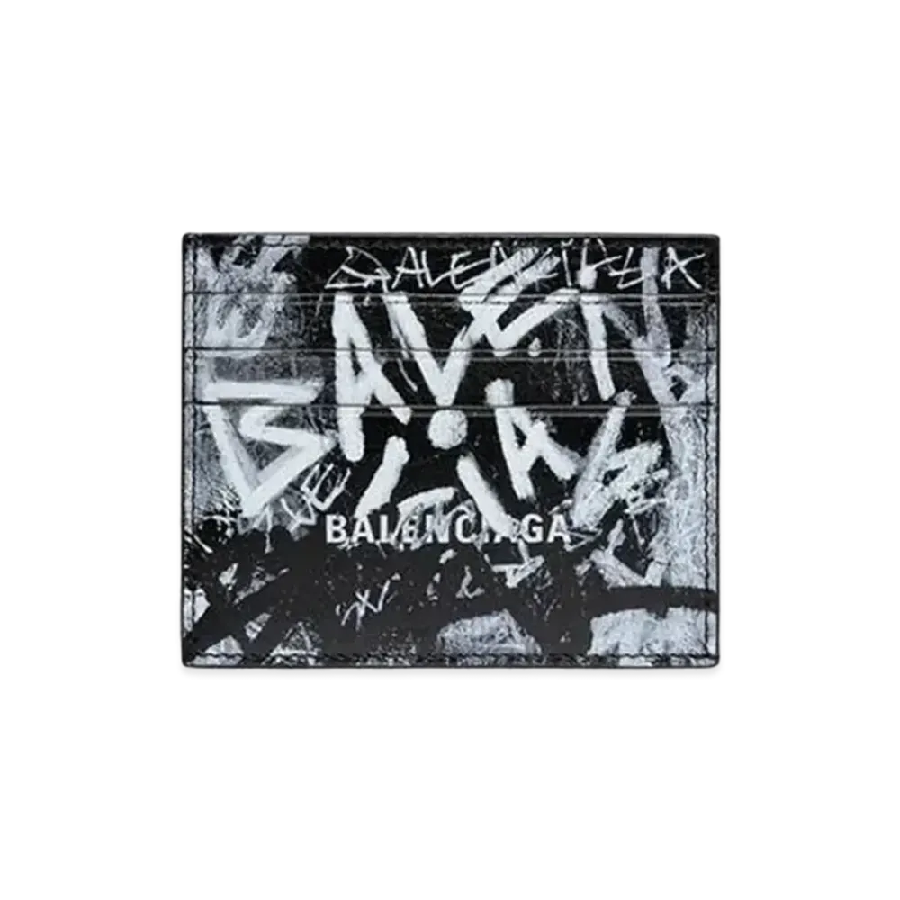 BALENCIAGA Cash Card Holder With Split Graffiti Printed Arena Lambskin "Black/White"
