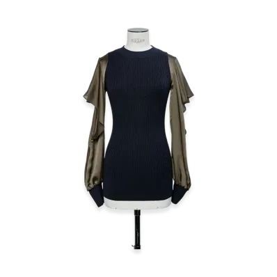 sacai Satin x Cotton Knit Pullover "Navy/Brown"