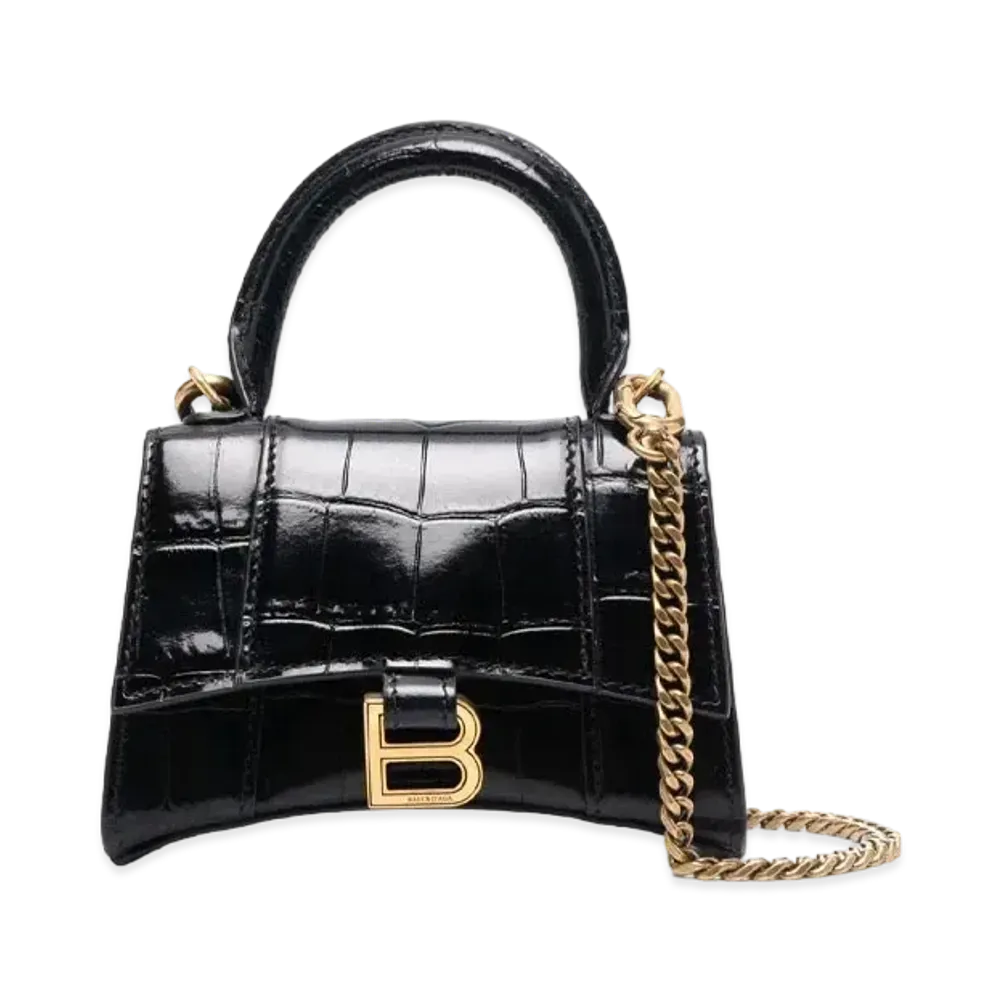 BALENCIAGA Hourglass Mini Handbag With Chain In Shiny Crocodile Embossed Calfskin "Black"